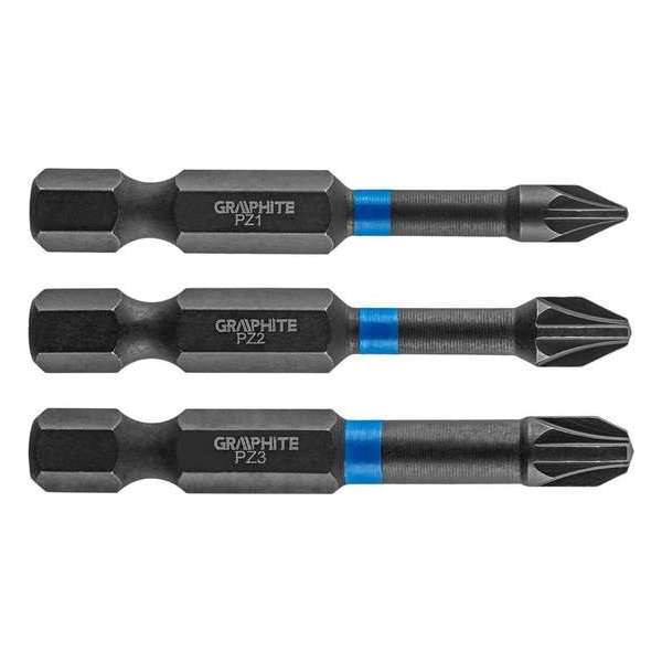 GRAPHITE Bit IMPACT PZ 1 2 3 x 50 mm, S2 Staal Full Fit Kop, 3 stuks GRAPHITE Bit IMPACT PZ 1 2 3 x 50 mm, S2 Staal Full Fit Kop, 3 stuks