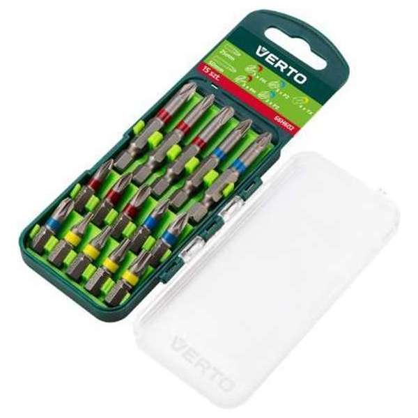 Verto Bitset 15 Delig S2 Staal 6x PH - 5x PZ - 4x TX 25 En 50mm Bits Verto Bitset 15 Delig S2 Staal 6x PH - 5x PZ - 4x TX 25 En 50mm Bits