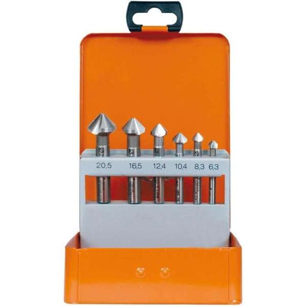 Verzinkfrezenset 90° HSS-Co5% 6-dlg 6,3 - 8,3 - 10,4 - 12,4 - 16,5 - 20,5 mm ''PROJAHN'' Verzinkfrezenset 90° HSS-Co5% 6-dlg 6,3 - 8,3 - 10,4 - 12,4 - 16,5 - 20,5 mm ''PROJAHN''
