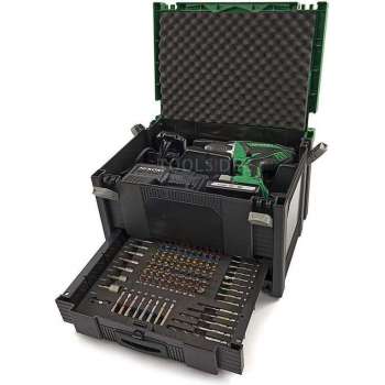 Hikoki accu boor-/schroefmachine 18 Volt, met twee accu's 1,5Ah en lader. In stapelbare systainer en lade gevuld met 100-delige