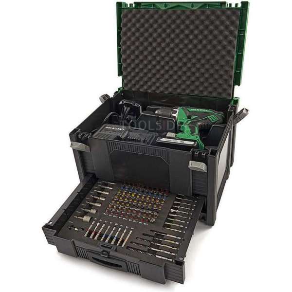 Hikoki accu boor-/schroefmachine 18 Volt, met twee accu's 1,5Ah en lader. In stapelbare systainer en lade gevuld met 100-delige