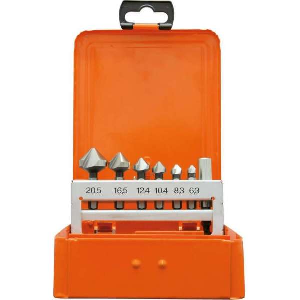 HSS-G Verzinkfrezenset 90°, 1/4"-bitopname, 7 delig, in kunststof cassette ''Projahn'' HSS-G Verzinkfrezenset 90°, 1/4"-bitopname, 7 delig, in kunststof cassette ''Projahn''