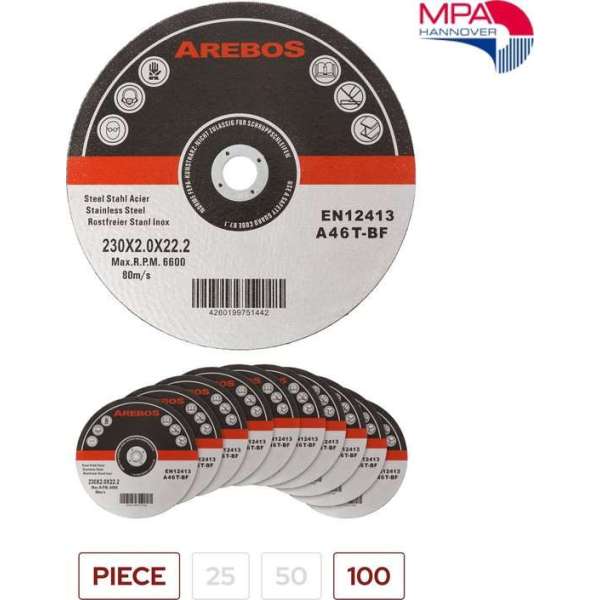 AREBOS 100 x Slijpschijven Flexschijven Inox roestvrij staal metaal Metall Ø 230 mm x 2 mm AREBOS 100 x Slijpschijven Flexschijven Inox roestvrij staal metaal Metall Ø 230 mm x 2 mm