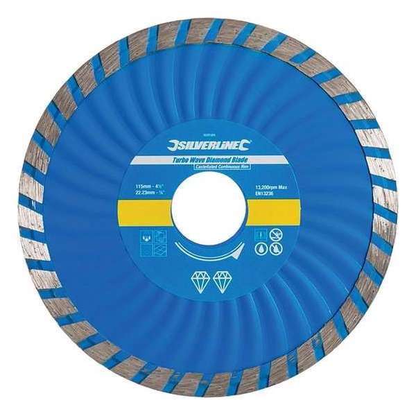 Silverline Diamant Turbo Wave Snijschijf - Doorslijpschijf - 115 mm. - Asgat 22,23 mm, Gesloten Velg Silverline Diamant Turbo Wave Snijschijf - Doorslijpschijf - 115 mm. - Asgat 22,23 mm, Gesloten Velg