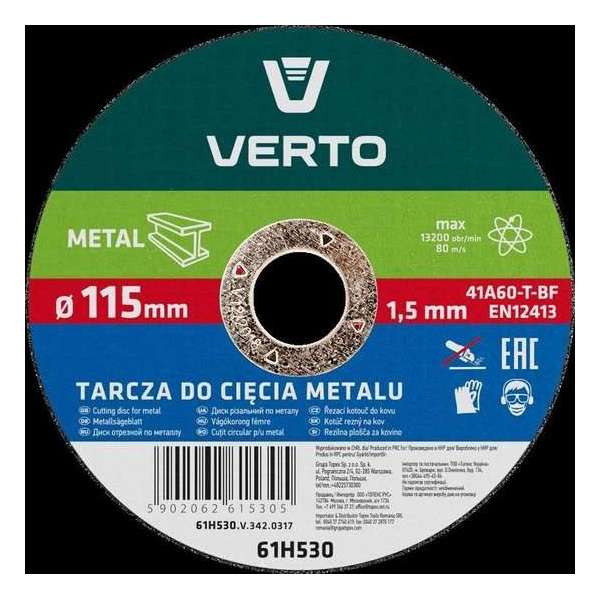 VERTO doorslijpschijf metaal 115x22,2x1,5mm en12413, 41 a46-t-bf VERTO doorslijpschijf metaal 115x22,2x1,5mm en12413, 41 a46-t-bf