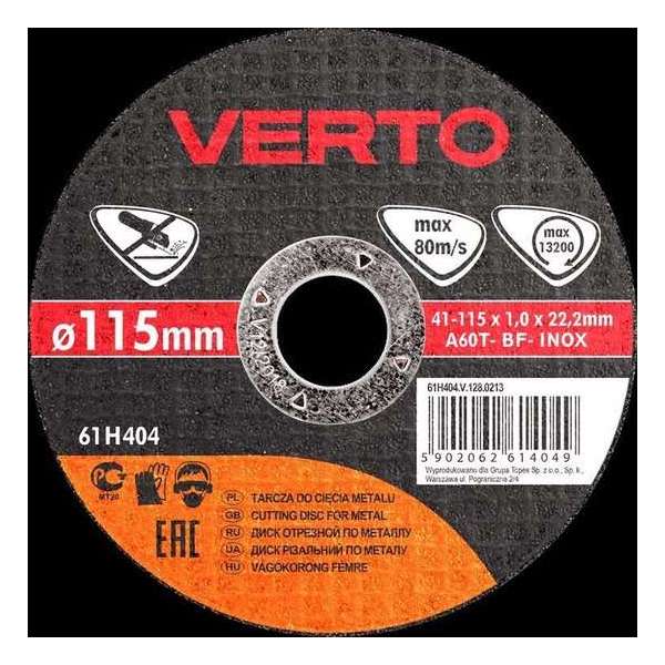 VERTO doorslijpschijf metaal 115x22,2x1,0mm inox, en12413, 41 a46-t-bf VERTO doorslijpschijf metaal 115x22,2x1,0mm inox, en12413, 41 a46-t-bf