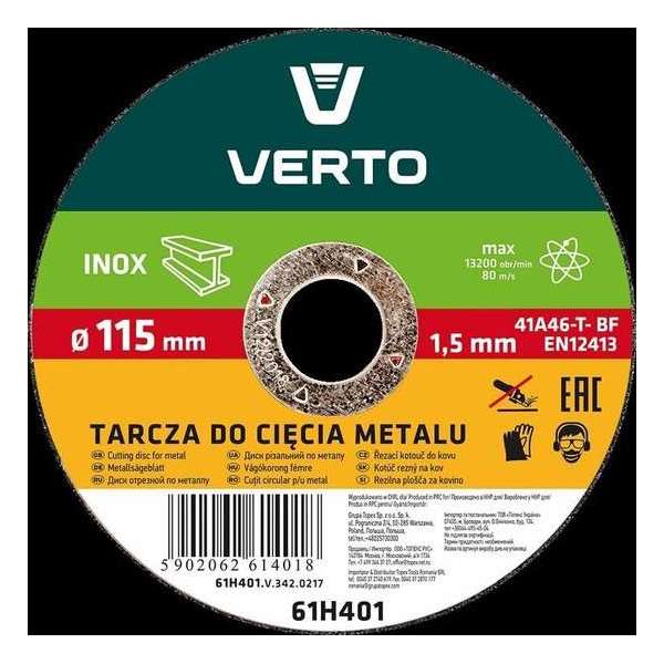VERTO doorslijpschijf metaal 115x22,2x1,5mm inox, en12413, 41 a46-t-bf VERTO doorslijpschijf metaal 115x22,2x1,5mm inox, en12413, 41 a46-t-bf