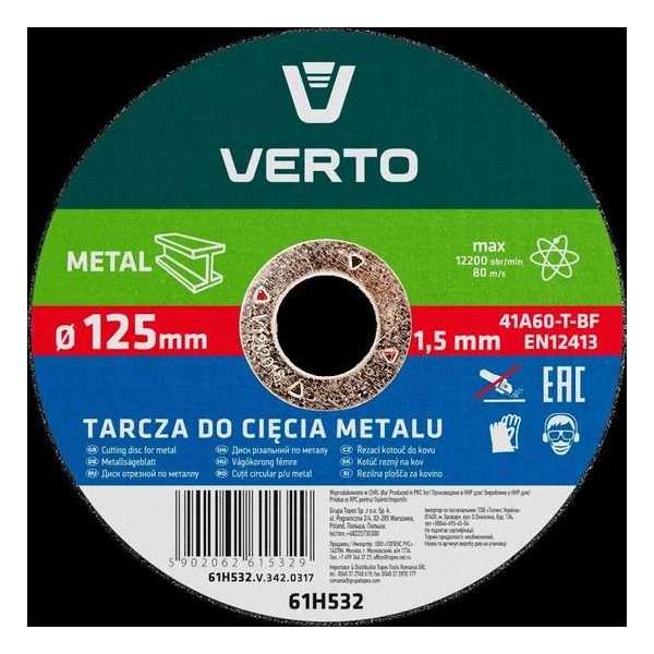 VERTO doorslijpschijf metaal 125x22,2x1,5mm en12413, 41 a46-t-bf VERTO doorslijpschijf metaal 125x22,2x1,5mm en12413, 41 a46-t-bf