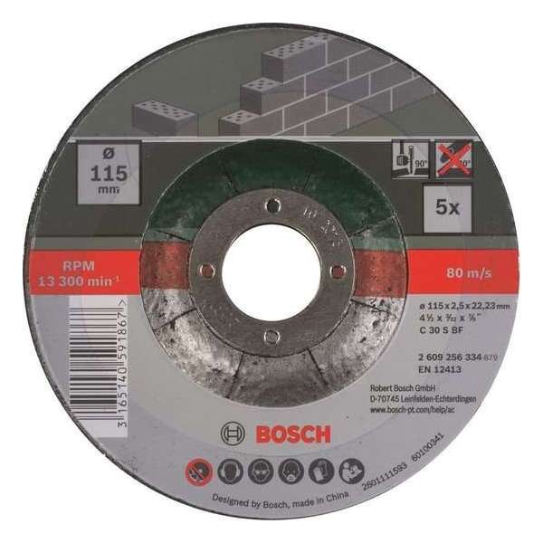 Bosch slijpschijven set - Voor steen - 115 x 2,5 mm - gebogen - 5 stuks Bosch slijpschijven set - Voor steen - 115 x 2,5 mm - gebogen - 5 stuks