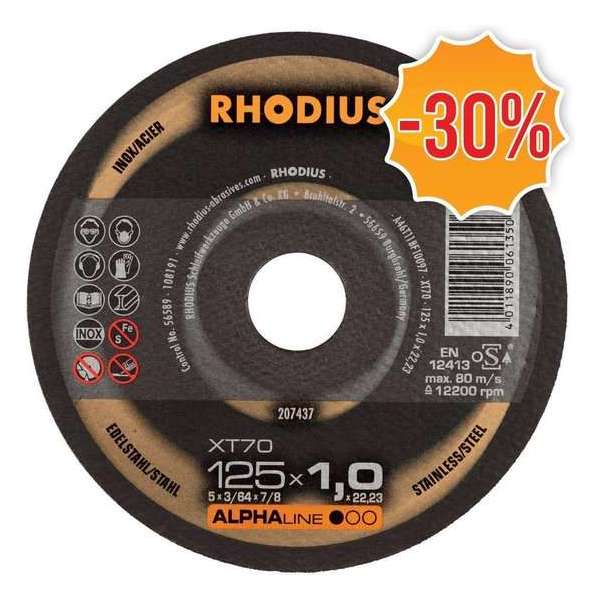 Rhodius ALPHALine I XT70 Doorslijpschijf - Extra dun - 125 x 22,23 x 1mm - RVS/Staal (50st) Rhodius ALPHALine I XT70 Doorslijpschijf - Extra dun - 125 x 22,23 x 1mm - RVS/Staal (50st)