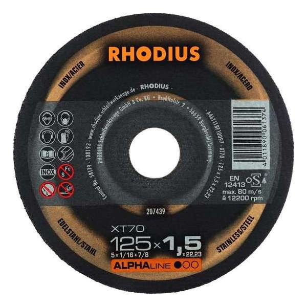 Rhodius 207439 Alphaline I XT70 Doorslijpschijf - Extra dun - 125 x 22,23 x 1,5mm - RVS/Staal Rhodius 207439 Alphaline I XT70 Doorslijpschijf - Extra dun - 125 x 22,23 x 1,5mm - RVS/Staal