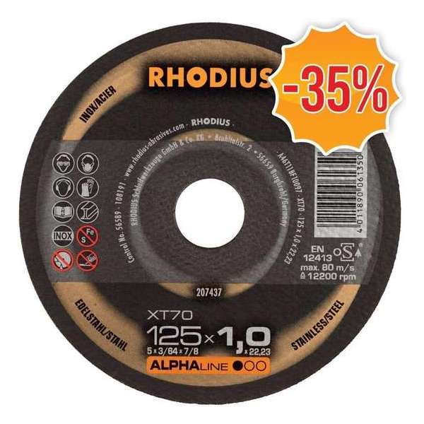 Rhodius ALPHALine I XT70 Doorslijpschijf - Extra dun - 125 x 22,23 x 1mm - RVS/Staal (100st) Rhodius ALPHALine I XT70 Doorslijpschijf - Extra dun - 125 x 22,23 x 1mm - RVS/Staal (100st)