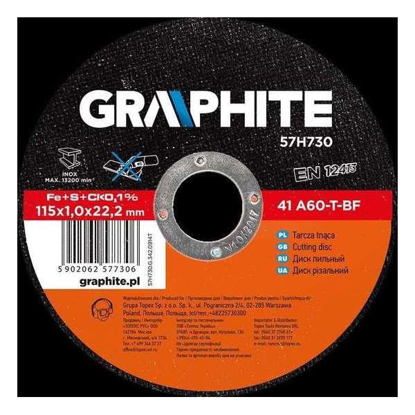 GRAPHITE doorslijpschijf 115x22x0,8mm metaal industrie inox, 41 a60-t-bf GRAPHITE doorslijpschijf 115x22x0,8mm metaal industrie inox, 41 a60-t-bf