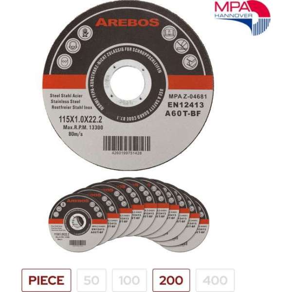 AREBOS 200 x Slijpschijven Flexschijven Inox roestvrij staal metaal Metall Ø 115 mm x 1 mm AREBOS 200 x Slijpschijven Flexschijven Inox roestvrij staal metaal Metall Ø 115 mm x 1 mm