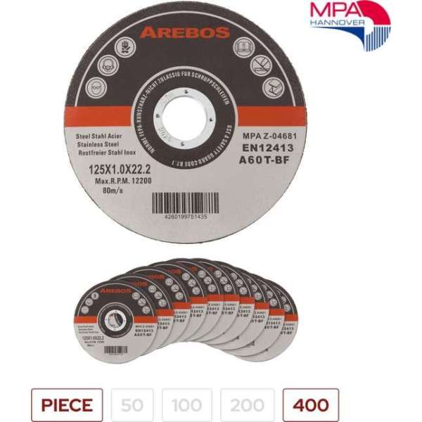 AREBOS 400 x Slijpschijven Flexschijven Inox roestvrij staal metaal Metall Ø 125 mm x 1 mm AREBOS 400 x Slijpschijven Flexschijven Inox roestvrij staal metaal Metall Ø 125 mm x 1 mm