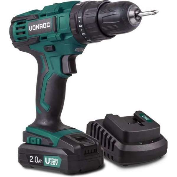 VONROC Accu klopboormachine set – VPower 20V – Incl. 2.0Ah accu, oplader, 2 bits & opbergtas VONROC Accu klopboormachine set – VPower 20V – Incl. 2.0Ah accu, oplader, 2 bits & opbergtas