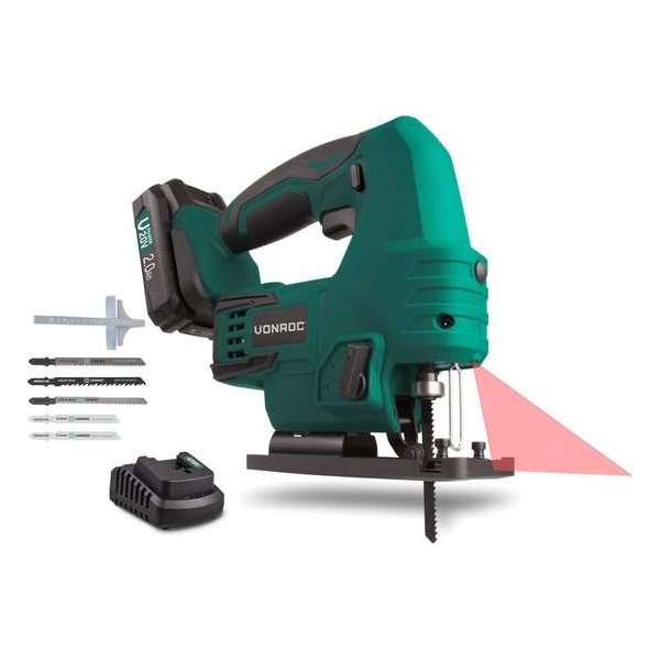 VONROC Accu Decoupeerzaag – VPower 20V – Incl. 2.0Ah accu, oplader, parallelgeleider & 5 zaagbladen VONROC Accu Decoupeerzaag – VPower 20V – Incl. 2.0Ah accu, oplader, parallelgeleider & 5 zaagbladen