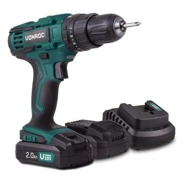 VONROC Accu klopboormachine set– VPower 20V – Incl. 2x 2.0Ah accu, oplader, 2 bits & opbergtas VONROC Accu klopboormachine set– VPower 20V – Incl. 2x 2.0Ah accu, oplader, 2 bits & opbergtas
