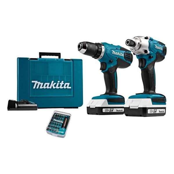 Makita combi kit DK18354X1 - Accuboor & slagschroever - incl. 2 accu's + bitsetje Makita combi kit DK18354X1 - Accuboor & slagschroever - incl. 2 accu's + bitsetje