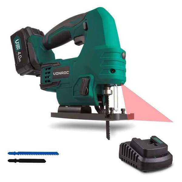 VONROC Accu decoupeerzaag – VPower 20V – Incl. 4.0Ah accu, oplader, parellelgeleider en 2 zaagbladen VONROC Accu decoupeerzaag – VPower 20V – Incl. 4.0Ah accu, oplader, parellelgeleider en 2 zaagbladen