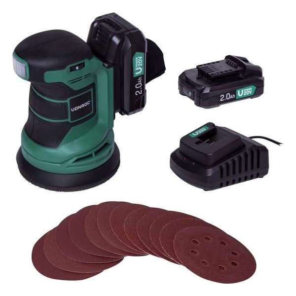VONROC Accu schuurmachine – VPower 20V - Incl. 2x 2.0Ah accu & oplader - Ø125mm - Met stofzak & 12 stuks schuurpapier VONROC Accu schuurmachine – VPower 20V - Incl. 2x 2.0Ah accu & oplader - Ø125mm - Met stofzak & 12 stuks schuurpapier
