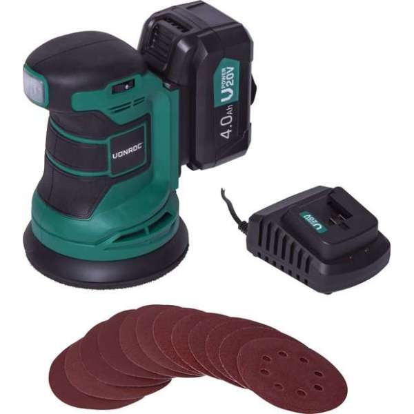 VONROC Accu schuurmachine – VPower 20V - Incl. 4.0Ah accu & oplader - Ø125mm - Met stofzak & 12 stuks schuurpapier VONROC Accu schuurmachine – VPower 20V - Incl. 4.0Ah accu & oplader - Ø125mm - Met stofzak & 12 stuks schuurpapier