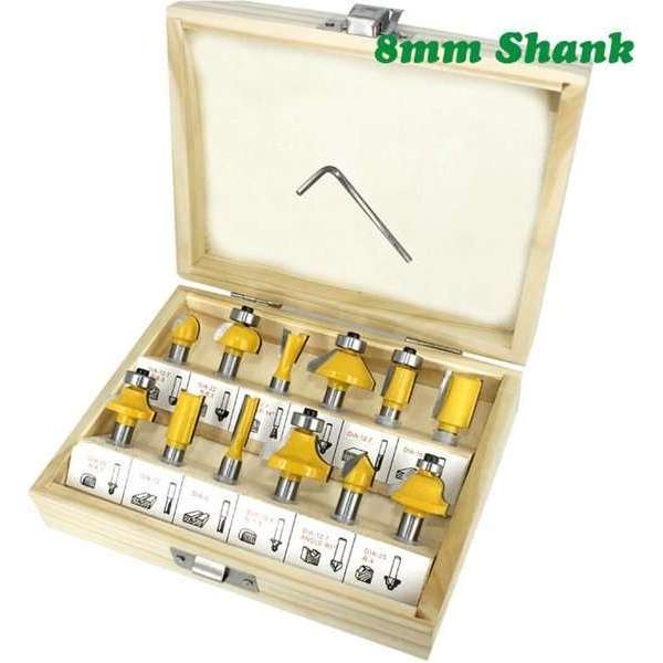DW4Trading® Hout frezenset van 12 stuks in koffer schacht 8mm DW4Trading® Hout frezenset van 12 stuks in koffer schacht 8mm