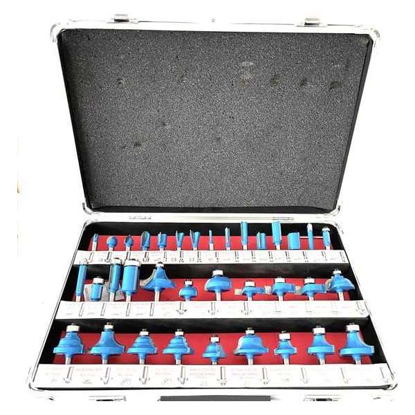 Bovenfrezenset 35-delig - Frezenset 35-delig - Frezenset voor bovenfrees - Schachtdiameter 6,35 mm in een koffer Bovenfrezenset 35-delig - Frezenset 35-delig - Frezenset voor bovenfrees - Schachtdiameter 6,35 mm in een koffer