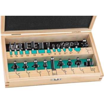 ENT Frezenset 22-delig voor universeel gebruik in houten koffer. Groot assortiment aan bovenfrezen met 8mm schacht.
