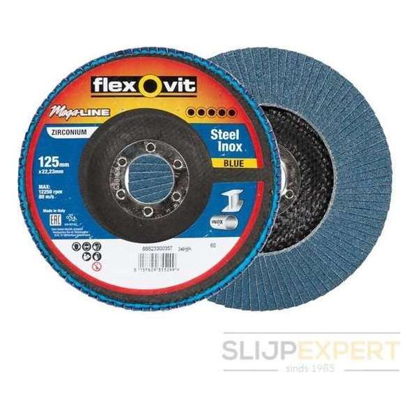 Flexovit vlaklamelschijf con. fib. Mega-Line blue 125x22 Flexovit vlaklamelschijf con. fib. Mega-Line blue 125x22