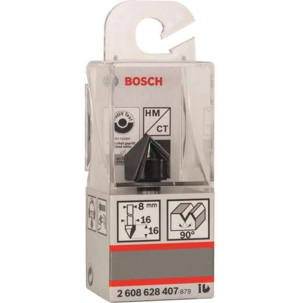Bosch - V-groeffrezen 8 mm, D1 16 mm, L 16 mm, G 45 mm, 90° Bosch - V-groeffrezen 8 mm, D1 16 mm, L 16 mm, G 45 mm, 90°