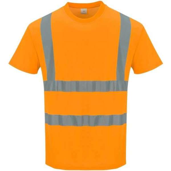Katoen comfort Tshirt Oranje met korte mouw en reflectie strepen Maat XL