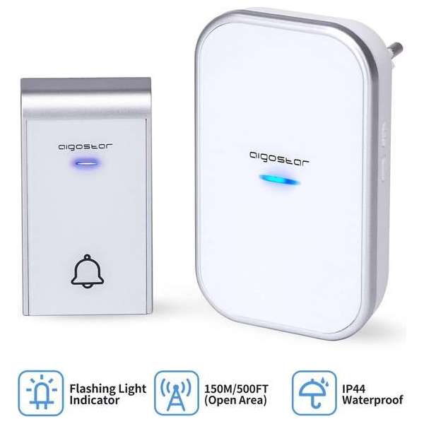 Aigostar Draadloze Deurbel 2HQFA - Met 1 ontvanger - Plug&Play - AC - 3 Regelbaar volume - 36 Melodie - Waterdicht - Wit Aigostar Draadloze Deurbel 2HQFA - Met 1 ontvanger - Plug&Play - AC - 3 Regelbaar volume - 36 Melodie - Waterdicht - Wit