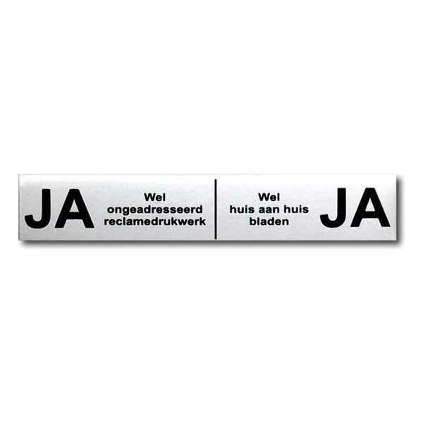Ja Ja brievenbus sticker Aluminium Zwarte tekst - LET OP 10 cm x 1,8 cm - Ja Ja sticker wel reclame. Ja Ja brievenbus sticker Aluminium Zwarte tekst - LET OP 10 cm x 1,8 cm - Ja Ja sticker wel reclame.