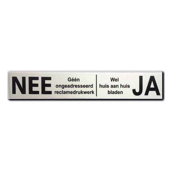 NEE JA sticker brievenbus Aluminium Zwart - Klein Formaat - LET OP 100 mm x 18 mm x 0,5 mm - Promessa-Design. NEE JA sticker brievenbus Aluminium Zwart - Klein Formaat - LET OP 100 mm x 18 mm x 0,5 mm - Promessa-Design.