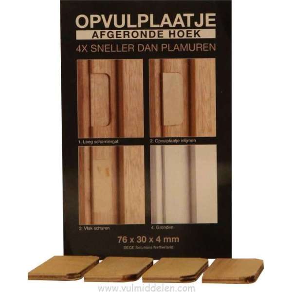 Opvulplaatjes 4 stuks voor deurscharnier gaten afgeronde hoek 76x30x4 Opvulplaatjes 4 stuks voor deurscharnier gaten afgeronde hoek 76x30x4