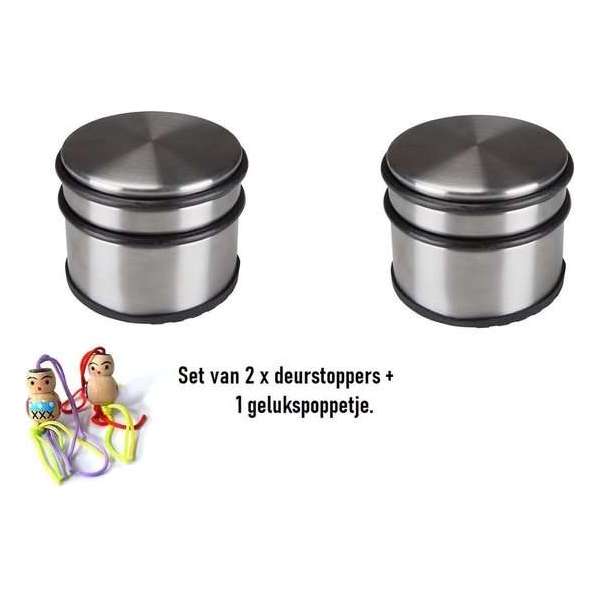 2 x RVS deurstoppers met gelukspoppetje 2 x RVS deurstoppers met gelukspoppetje