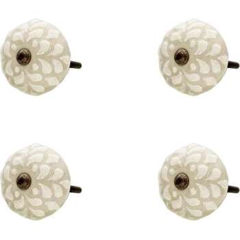 Clayre & Eef Deurknop Set van 4 Ø 4*3 cm Beige Keramiek Rond Blaadjes Meubelknop