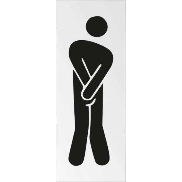 Deurbordje pictogram Toilet heren met hoge nood. 130 mm x 50 mm x 0,5 mm. Deur bordje pictogram toilet man nodig heren wc.