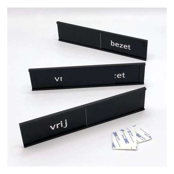 Schuifbordje Vrij - Bezet. 255 mm x 57 mm. Bevestiging twee 3M dubbelzijdige stickers. Groot luxe schuifbord vrij bezet. Schuifbordje Vrij - Bezet. 255 mm x 57 mm. Bevestiging twee 3M dubbelzijdige stickers. Groot luxe schuifbord vrij bezet.