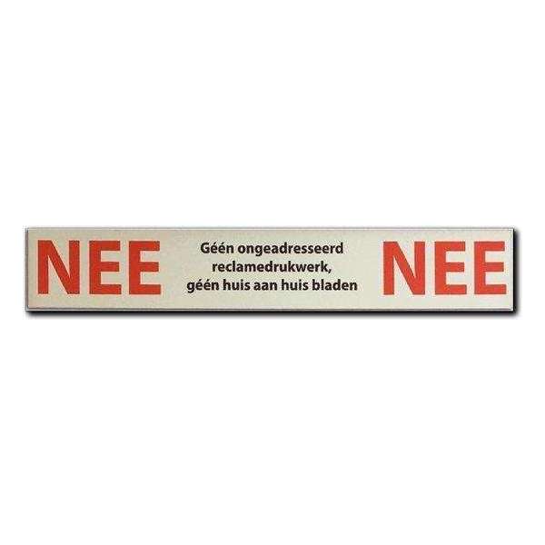 NEE NEE Sticker Brievenbus - Brievenbus sticker nee nee rood aluminium bordje - 150 mm x 25 mm x 0,5 mm - Promessa-Design. NEE NEE Sticker Brievenbus - Brievenbus sticker nee nee rood aluminium bordje - 150 mm x 25 mm x 0,5 mm - Promessa-Design.