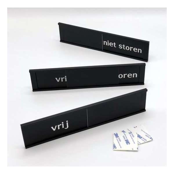 Schuifbordje Vrij - Niet storen - 255 mm x 57 mm - Bevestiging twee 3M dubbelzijdige stickers - Promessa-Design. Schuifbordje Vrij - Niet storen - 255 mm x 57 mm - Bevestiging twee 3M dubbelzijdige stickers - Promessa-Design.
