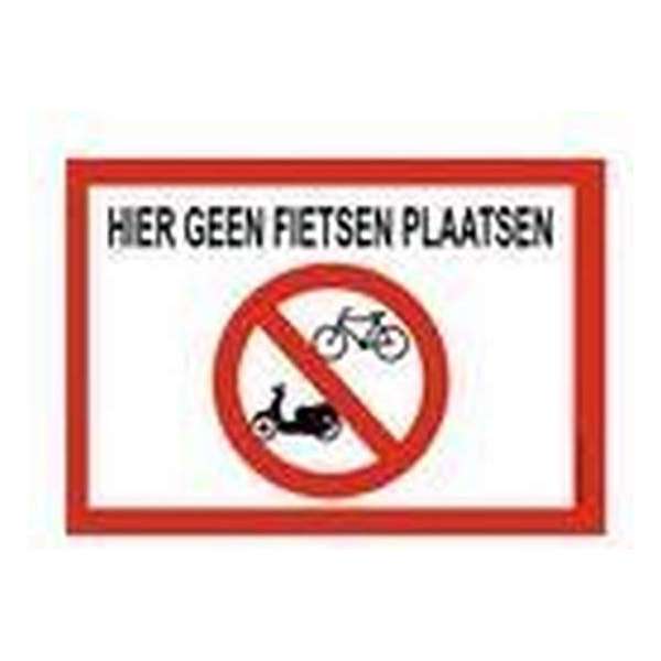 Bordje - Hier geen fietsen plaatsen - geen rijwielen + 4 boorgaten, schroeven met bijpassend afdekkapje Bordje - Hier geen fietsen plaatsen - geen rijwielen + 4 boorgaten, schroeven met bijpassend afdekkapje