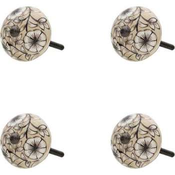 Clayre & Eef Deurknop Set van 4 Ø 4*3 cm Beige Keramiek Rond Bloemen Meubelknop