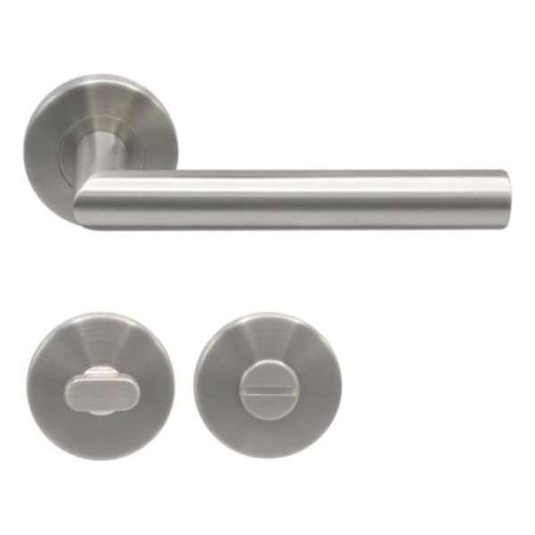 Slotman Solutions Deurklink RVS inclusief rond stalen rozet met toilet-/badkamersluiting - Deurkruk Slotman Solutions Deurklink RVS inclusief rond stalen rozet met toilet-/badkamersluiting - Deurkruk