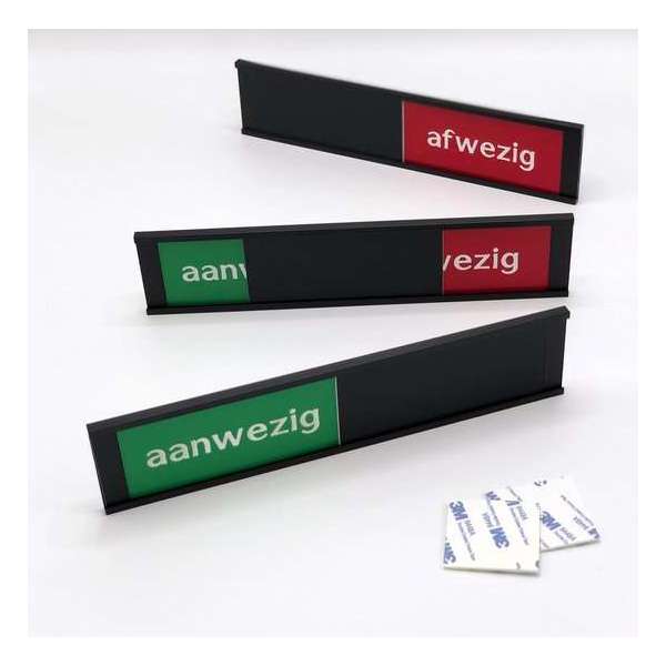 Schuifbordje Aanwezig - Afwezig - 255 mm x 57 mm - Bevestiging twee 3M dubbelzijdige stickers - Promessa-Design. Schuifbordje Aanwezig - Afwezig - 255 mm x 57 mm - Bevestiging twee 3M dubbelzijdige stickers - Promessa-Design.