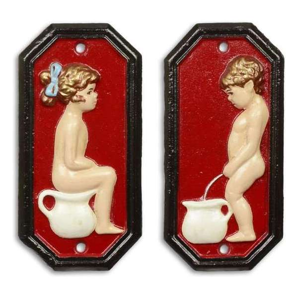 Maddeco - Gietijzer - toilet - bordjes - jongen - meisje - set - toiletbordjes - rood Maddeco - Gietijzer - toilet - bordjes - jongen - meisje - set - toiletbordjes - rood