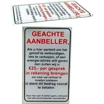 Geen Verkopers, Geloofsovertuigers of Energie adviezen aan de deur sticker bordje - Glashelder Acrylaat - Promessa-Design.