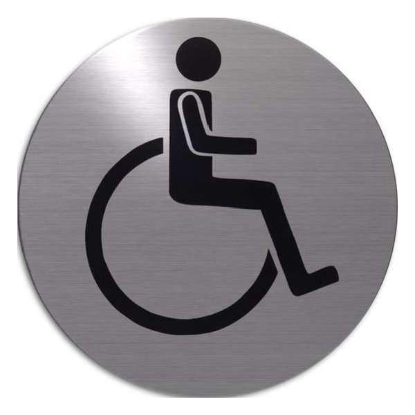 RVS deurbordje pictogram: invaliden Toilet | 5 jaar garantie | ROND | Zelfklevend | Plakstrip bordje wc RVS deurbordje pictogram: invaliden Toilet | 5 jaar garantie | ROND | Zelfklevend | Plakstrip bordje wc