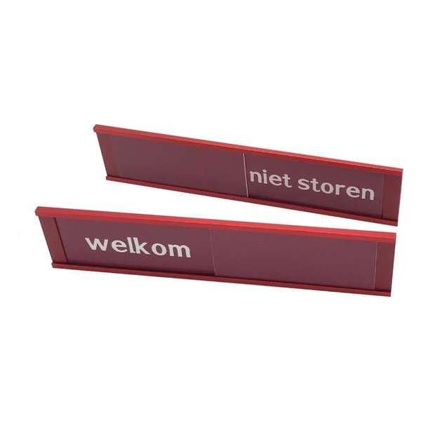 Schuifbordje Welkom - Niet Storen Red - 255 mm x 57 mm - Bevestiging twee 3M dubbelzijdige stickers - Promessa-Design. Schuifbordje Welkom - Niet Storen Red - 255 mm x 57 mm - Bevestiging twee 3M dubbelzijdige stickers - Promessa-Design.